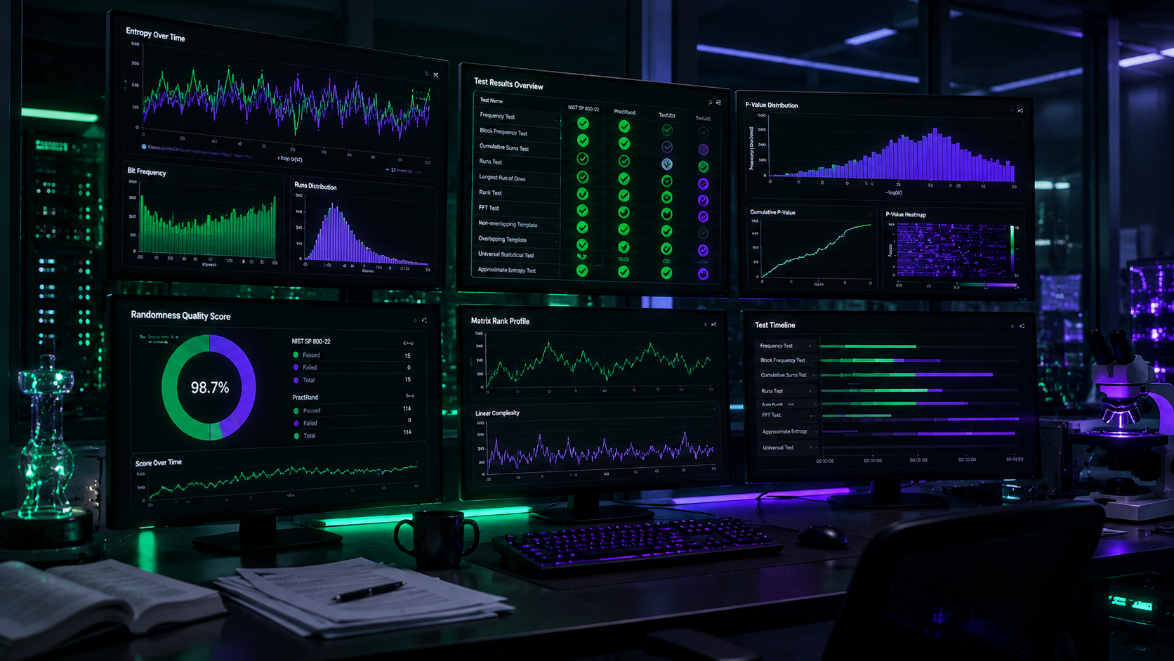 FairPlay Audit statistical analysis dashboard showing NIST SP 800-22, PractRand, and TestU01 test results with green and purple data visualizations