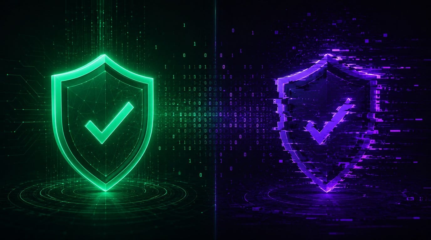 Escudo verde de autenticidade ao lado de um escudo roxo clonado e distorcido