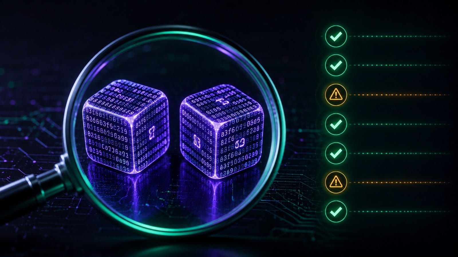 Magnifying glass inspecting hash-code dice next to a provably-fair checklist