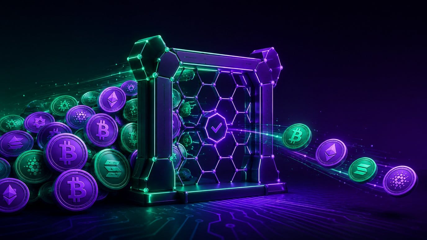 Neon green and purple blockchain gate filtering crypto coins - symbol for crypto casino payout checkpoint and KYC