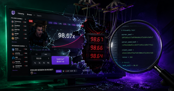 Cracked Twitch gambling stream monitor revealing puppet strings and provably fair seed data behind fake wins