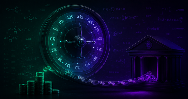 Roulette wheel made of mathematical formulas draining coins into the house - green and purple gradient with probability equations