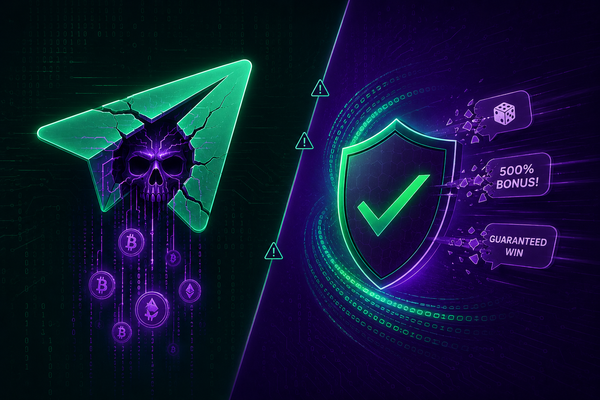 Telegram Casino Scams - Cracked Telegram icon with skull revealing crypto drain on left, protective shield deflecting scam messages on right