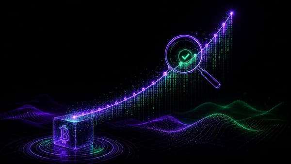 Ilustración neón: un bloque de Bitcoin anclando una curva ascendente de juego crash hecha de código hexadecimal, inspeccionada por una lupa con una marca de verificación verde.