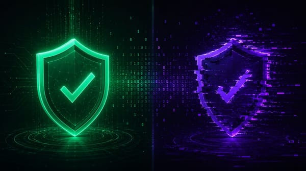 Un escudo verde de autenticidad junto a un escudo morado clonado, distorsionado y fracturado