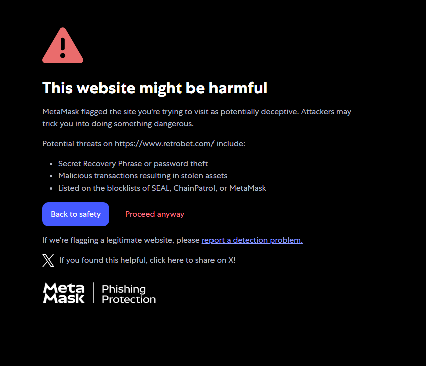 MetaMask phishing-protection warning shown for www.retrobet.com
