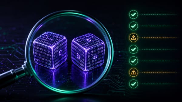 Magnifying glass inspecting hash-code dice next to a provably-fair checklist